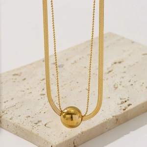 Minimalist gold titanium double layer snake chain necklace with large sphere pendant