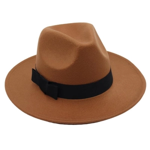 Detail view of the brown wool fedora featuring a classic black grosgrain ribbon band