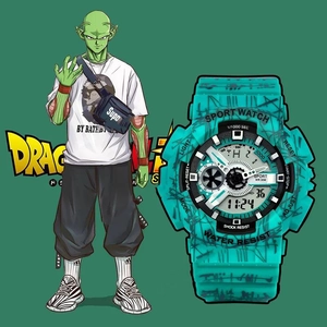 Detail of turquoise sports digital watch featuring dragon ball anime character design
