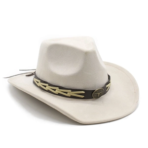 Macro detail of western cowboy hat featuring brown leather band and bull head metal buckle