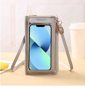 Detail view of the light grey touch screen phone purse with a clear PVC window and gold zipper