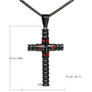 Black stainless steel cylinder cross pendant necklace with red cross detail for men and women