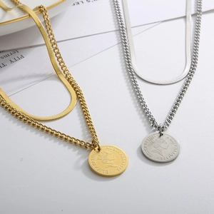 Double-layered gold and silver titanium steel necklaces with queen coin pendant jewelry