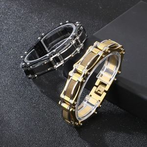 Detail of heavy industrial mesh bracelets with stainless steel claps in mixed colors