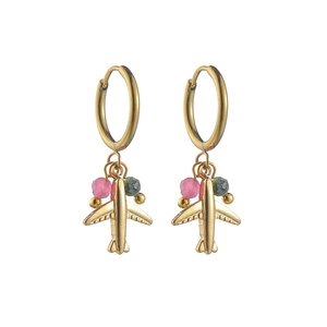 Detail view of 14K gold-plated hoop earrings with mini airplane and colored beads