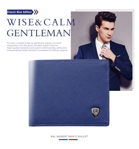 Detailed close-up of blue Saffiano leather texture and shield metal logo on men's wallet