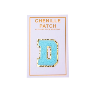 Blue chenille letter D patch with gold sequins and peel and stick adhesive backing