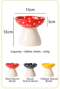Detailed dimension guide for elevated ceramic mushroom pet bowl showing 13cm height and 300ml capacity
