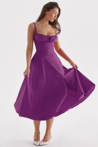 Detailed front view of a purple midi dress with waist tie and pleated A-line skirt