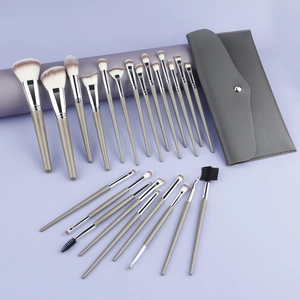 Professional 22-piece morandi grey makeup brush set with silver ferrules and leather pouch