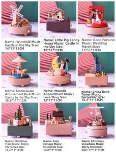 Collage of handcrafted wooden music boxes featuring miniature scenery and mechanical designs