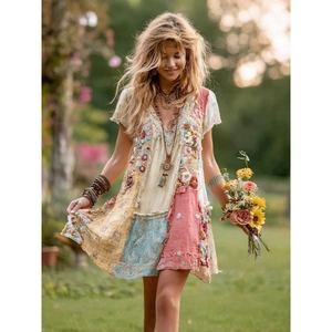 Bohemian floral patchwork V-neck maxi dress with embroidery in a lush garden setting
