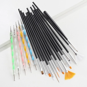 Detailed overhead view of 20pcs professional nail art brushes and dotting tools set