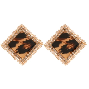 Vintage leopard resin square stud earrings with gold frame and cubic zirconia stones