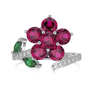 S925 sterling zilveren bloemring met rozerode en groene zirkonia-accenten