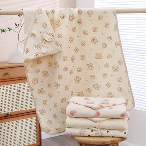 Soft cotton gauze hooded baby towel with cute rabbit and bear cartoon prints