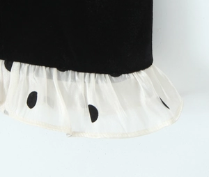 Gros plan détaillé du tissu en velours à pois blancs et ourlet à volants transparents