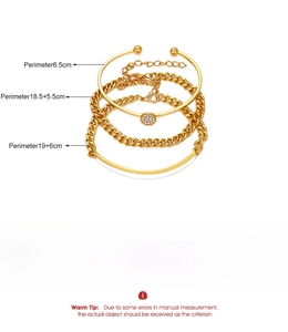 Detail view of 4-piece gold geometric bracelet set with precise size and weight specs