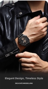 Detail of square black chronograph watch with rose gold indices and black leather strap