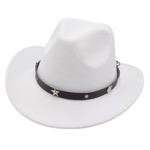 Classic white felt western cowboy hat with brown studded leather band and star accents