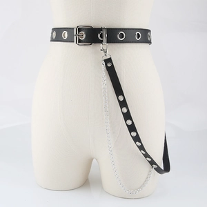 Gothic punk black faux leather belt with silver eyelets and detachable metal chain