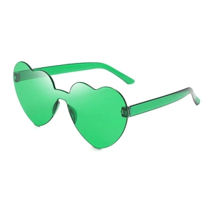 Detail view of green heart-shaped jelly sunglasses with a seamless rimless lens design