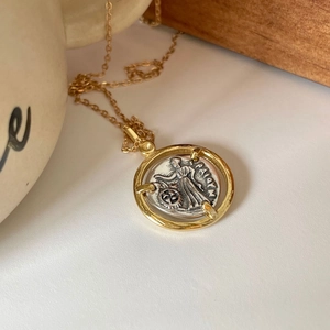 Retro 925 sterling silver coin pendant necklace with golden two-tone finish for women