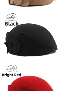 Detail view of wool berets with elegant 3D flower accent in black, red, and camel tones