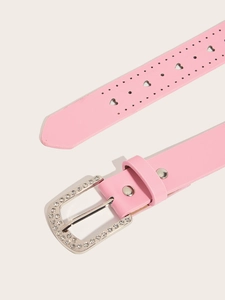 Detail of pink PU belt featuring rhinestone square buckle and heart-shaped punch holes