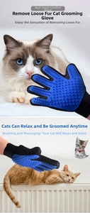 Detail of blue silicone pet grooming glove with massage nubs for removing loose fur