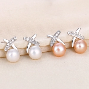 Freshwater Pearl Stud Earrings With 925 Sterling Silver Earring Post And Cubic Zirconia Cross X Shape Design For Women