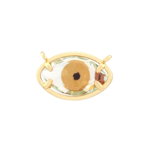 Detail of 18K gold plated evil eye pendant with light green gemstone inlay
