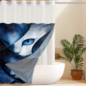 Detailed view of abstract cat print on waffle fabric shower curtain with metal grommets