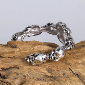 Gothic punk skull skeleton cuff bracelet in vintage silver stainless steel for men