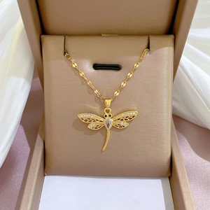 Gold Plated Stainless Steel Hollow Dragonfly Pendant Necklace With Zircon Water Drop Stone Clavicle Chain Elegant Jewelry