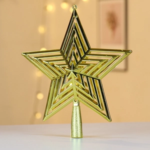 Golden 3D Christmas tree topper star with metallic finish on festive blurred background