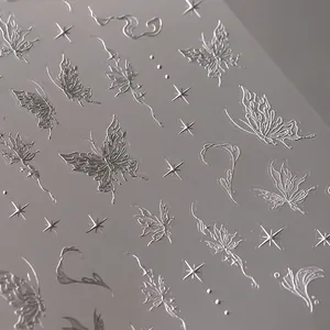 Nail Art Stickers 5D Embossed Butterfly Star Metallic Silver White Adhesive Manicure Decors Ins Style