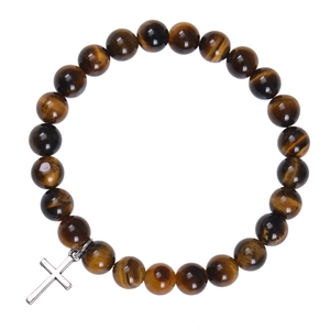 Detailed view of Tiger Eye beaded bracelet with silver cross charm on a clean background