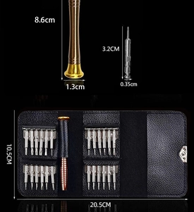 Detailed dimensions of 25-in-1 precision screwdriver set with leather storage case