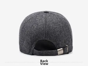 Detail view of winter baseball cap back featuring grey wool fabric and metal buckle