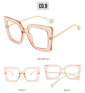 Detailed views of square orange-pink glasses with thin gold temples and pearl ends