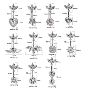 Tableau des tailles pour piercings de nombril en argent avec mesures détaillées zircon