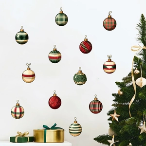 Christmas Ball Wall Stickers PVC Plaid Pattern Festive Decoration For Home Living Room Bedroom Party