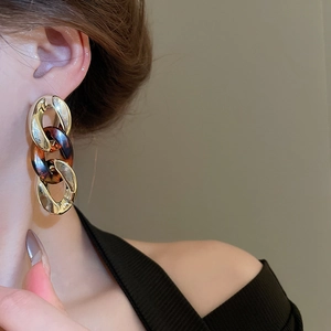 Close-up of leopard resin link earrings worn by a model with golden metal details