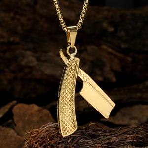 Gold stainless steel razor pendant necklace with diamond texture for men in hip hop style