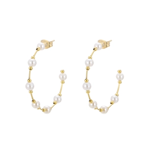 Chic gold C-shaped hoop earrings featuring elegant white pearls on a minimalist metal frame