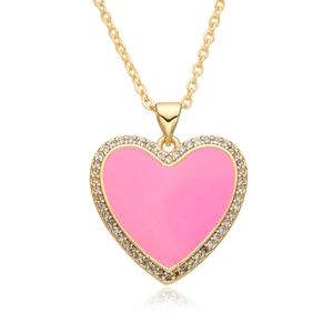 Golden necklace with pink enamel heart pendant and zircon border on white background