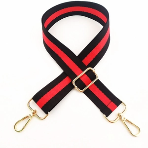 Adjustable black and red striped replacement bag strap with golden metal swivel hooks