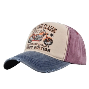 Vintage motorcycle baseball cap with mesh back and distressed brim in tri-color patchwork