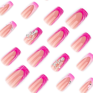 Pink zebra pattern press-on nails with 3D silver stars and rhinestone charms